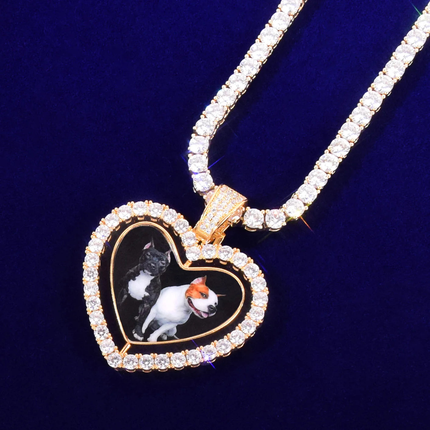 Custom Made Photo Rotating Double-Sided Heart Pendant Necklace Zircon Men's Hip Hop Rock Jewelry