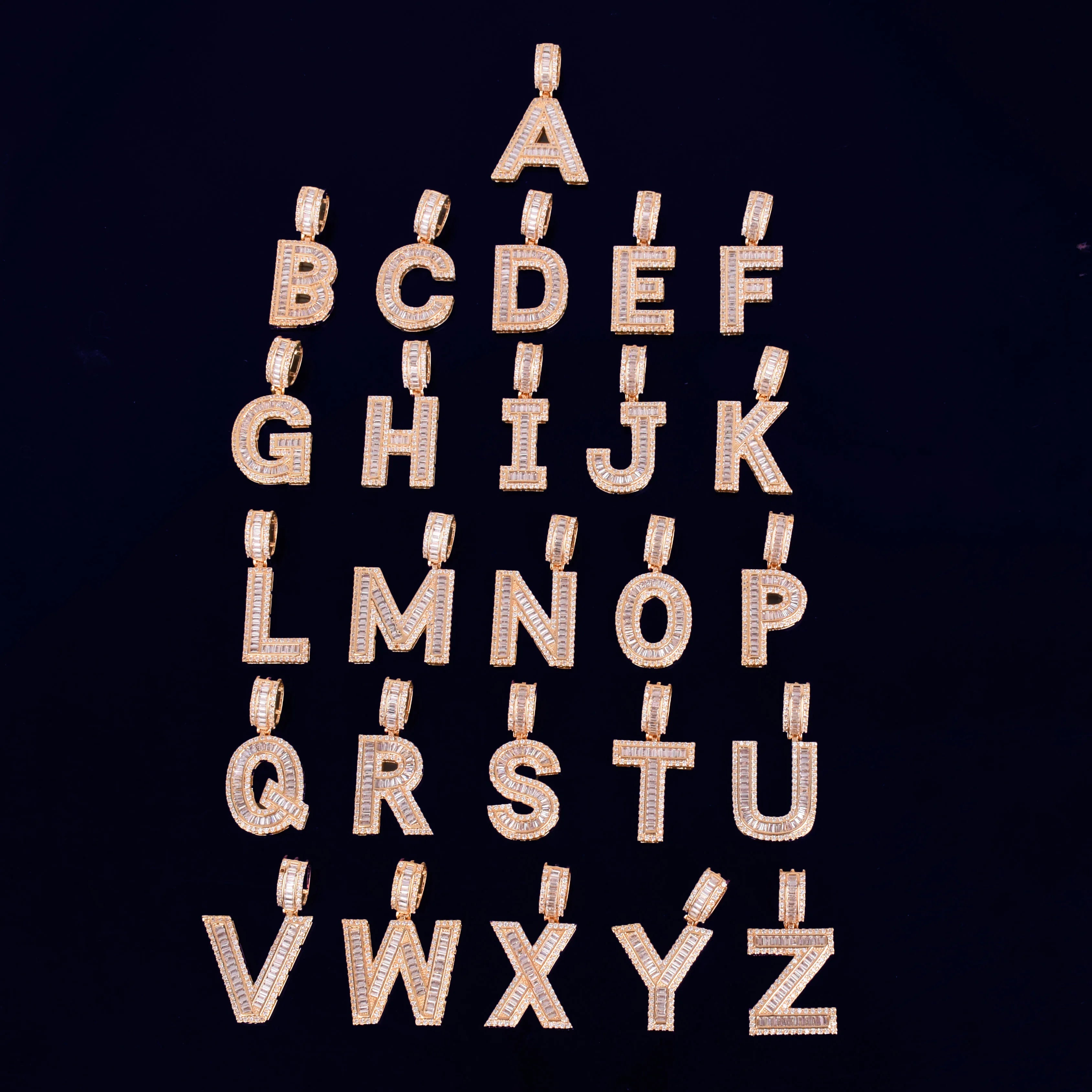 Gold Color Baguette Initials Letters Pendant Necklace Chain Charm Bling AAA Zirconia Men's Rock Jewelry A-Z