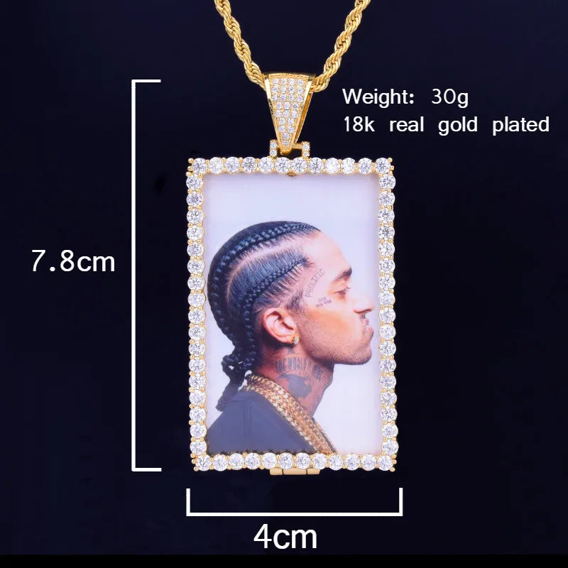 Bubble Letter Custom Photo Necklace for Men Picture Memory Square Medallions Pendant Gold Color Cubic Zircon Hip Hop Jewelry