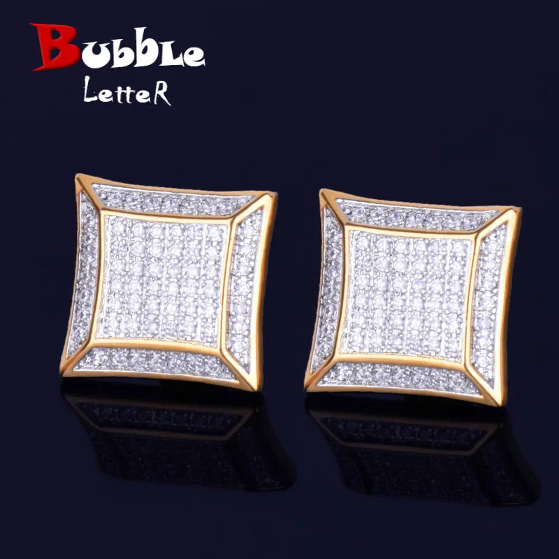 15MM Big Square Men Stud Earring Gold Color Full Cubic Zircon Screw Back Earrings Hip Hop Jewelry for Women