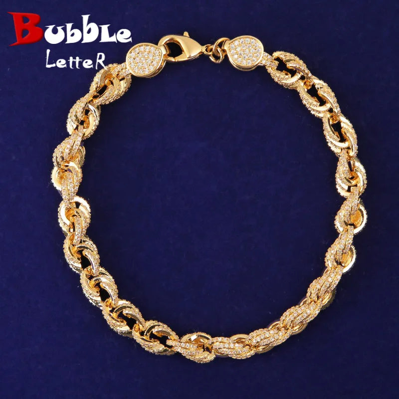 9mm Rope Bracelet Chain Hip Hop Link Gold Color Full Cubic Zircon For Men's Rock Street Jewelry