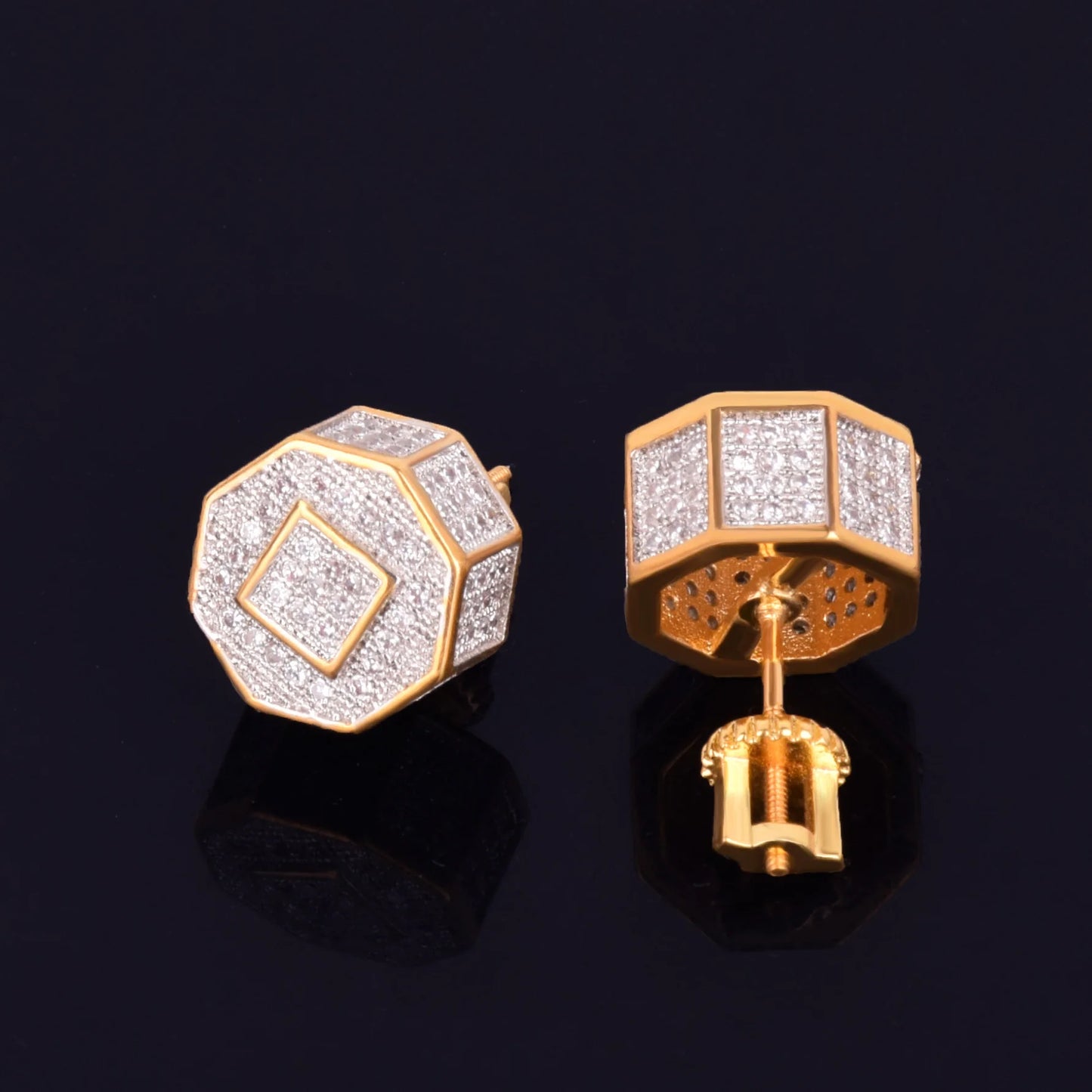 11MM Round Men Women Stud Earring Gold Color Iced Cubic Zircon Screw Back Earrings Hip Hop Jewelry