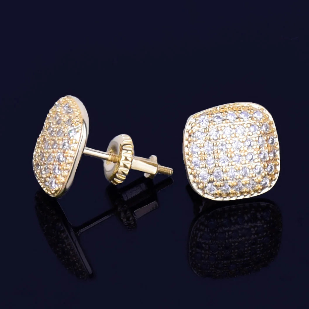 10MM Square Men Women Stud Earring Gold Color Full Cubic Zircon Screw Back Earrings Hip Hop Jewelry for Gift