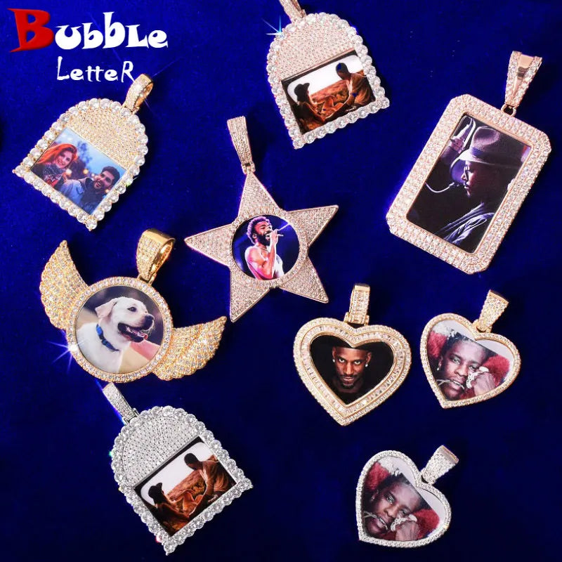 Bubble Letter Custom Photo Necklace for Men Picture Pendant Heart/Star/Rectangle/Round Shape Real Gold Plated Hip Hop Jewelry