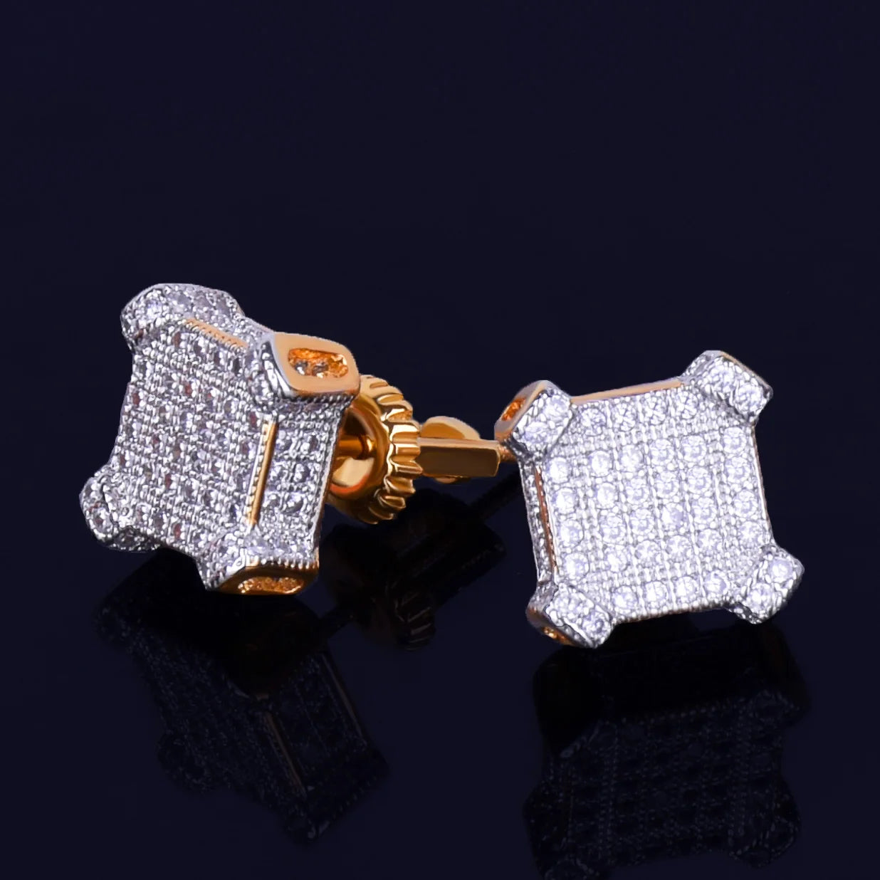 10MM Square Stud Earring Gold Color Charm Screw Back Full AAAA Zircon Women Men's Fashion Earrings Hip Hop Jewelry