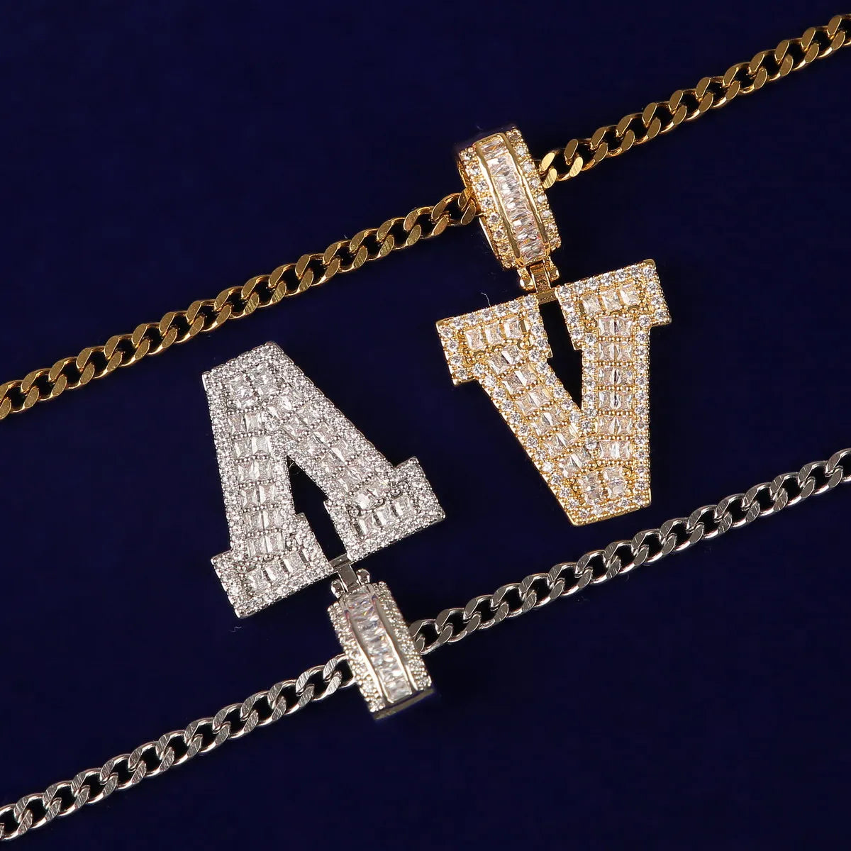 Single Solid Letters Big Zircon Baguette Pendant Hip Hop Gold Color Necklace Jewelry