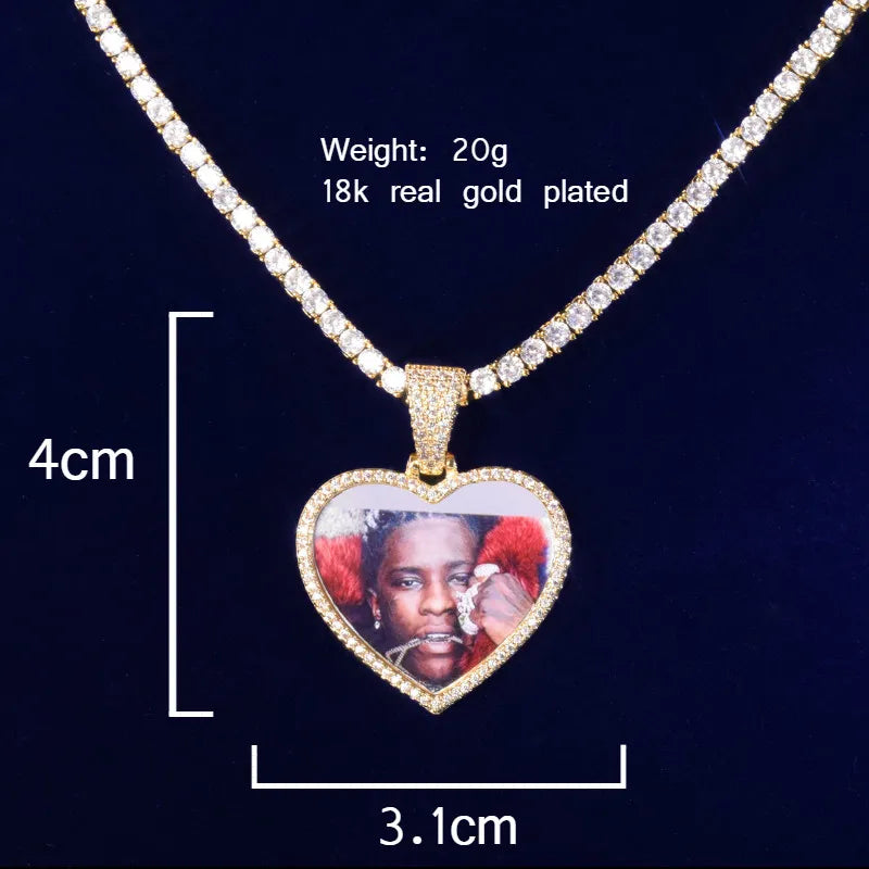 Bubble Letter Custom Made Photo Heart Medallions Necklace & Pendant Solid Back Gold Color AAAAA Zircon Men Hip Hop Jewelry