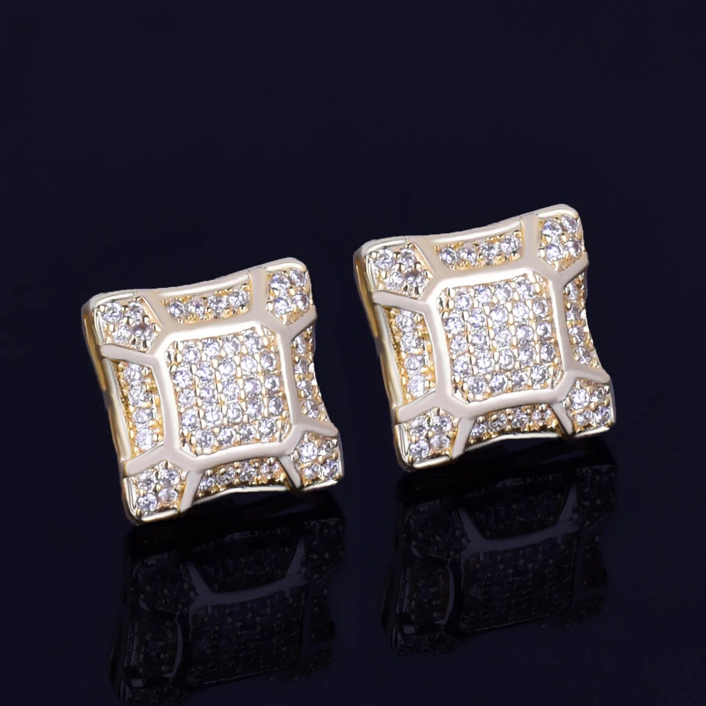 11MM Width Gold Color Square Men's Stud Earring Charm Full Cubic Zircon Screw Back Women Earrings Fashion Hip Hop Jewelry