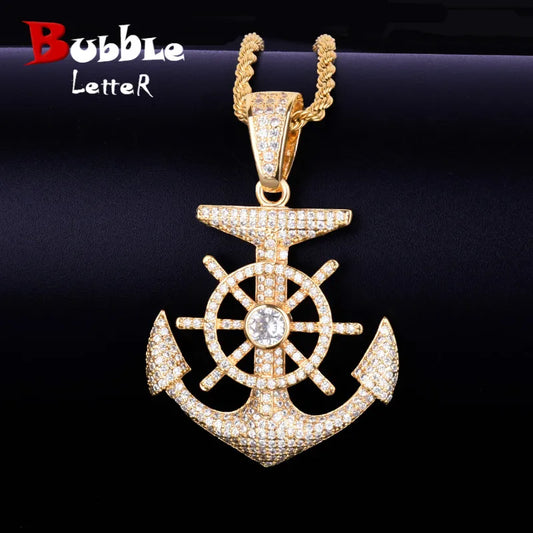 Anchor Shape Pendant Necklace Cubic Zircon Men's Hip Hop Rock Jewelry