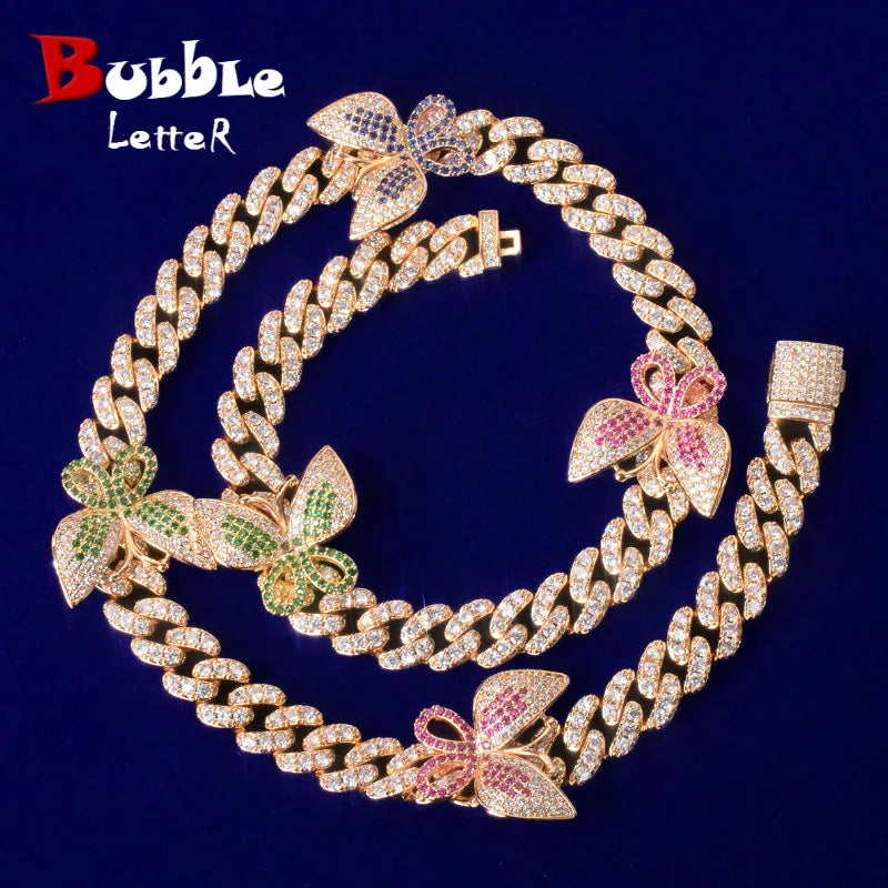 10mm Colorful Zircon Miami Cuban Link Necklace With Butterfly Bling Women Jewelry AAAA Charm Hip Hop Chain