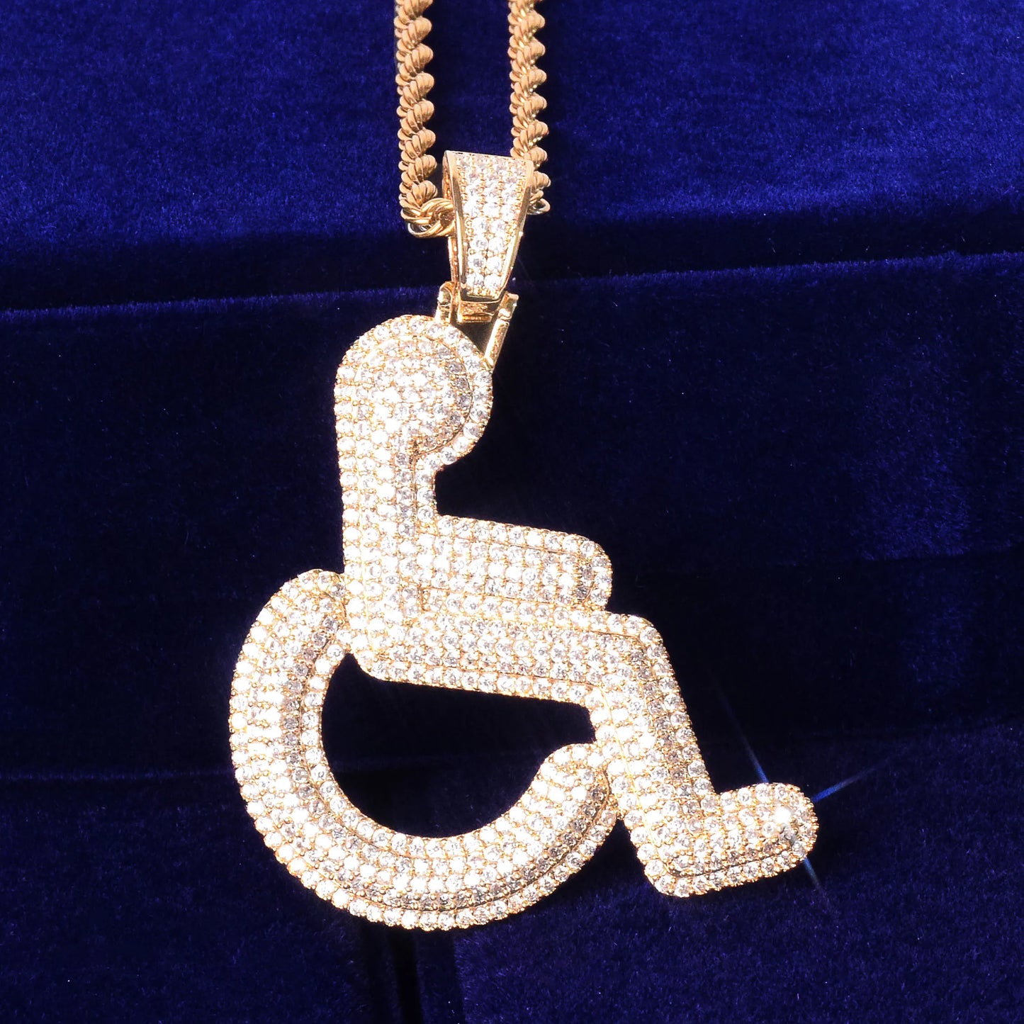 Bubble Letter Wheelchair Handicap Sign Pendant Necklace Gold Color Charm Bling Cubic Zircon Men's Hip hop Rock Jewelry