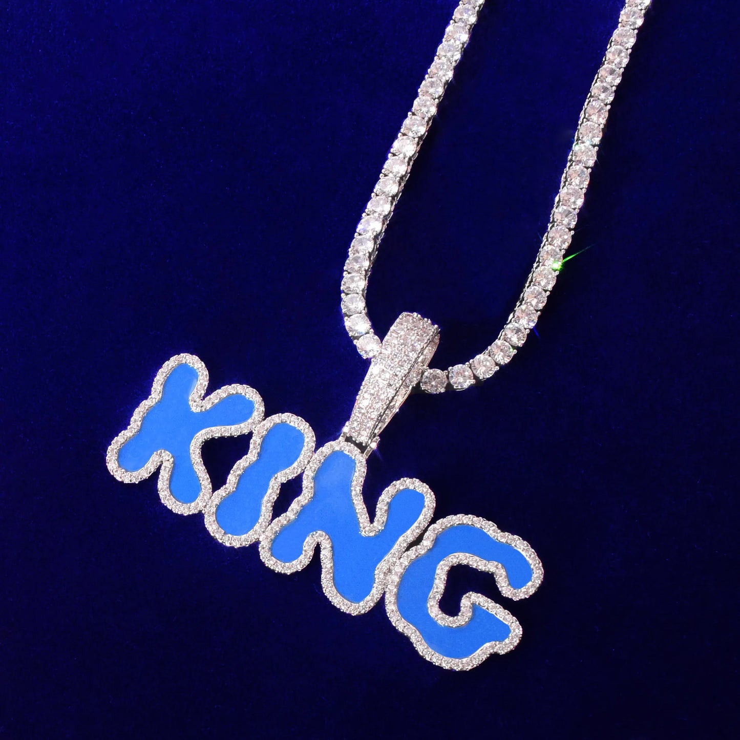 Solid Back Custom Name Blue Oil Bubble Letters Pendant Necklaces For Men Women Bling Cubic Zircon Hip Hop Rokas Jewelry