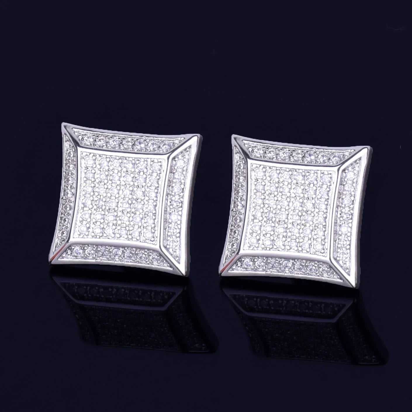 15MM Big Square Men Stud Earring Gold Color Full Cubic Zircon Screw Back Earrings Hip Hop Jewelry for Women