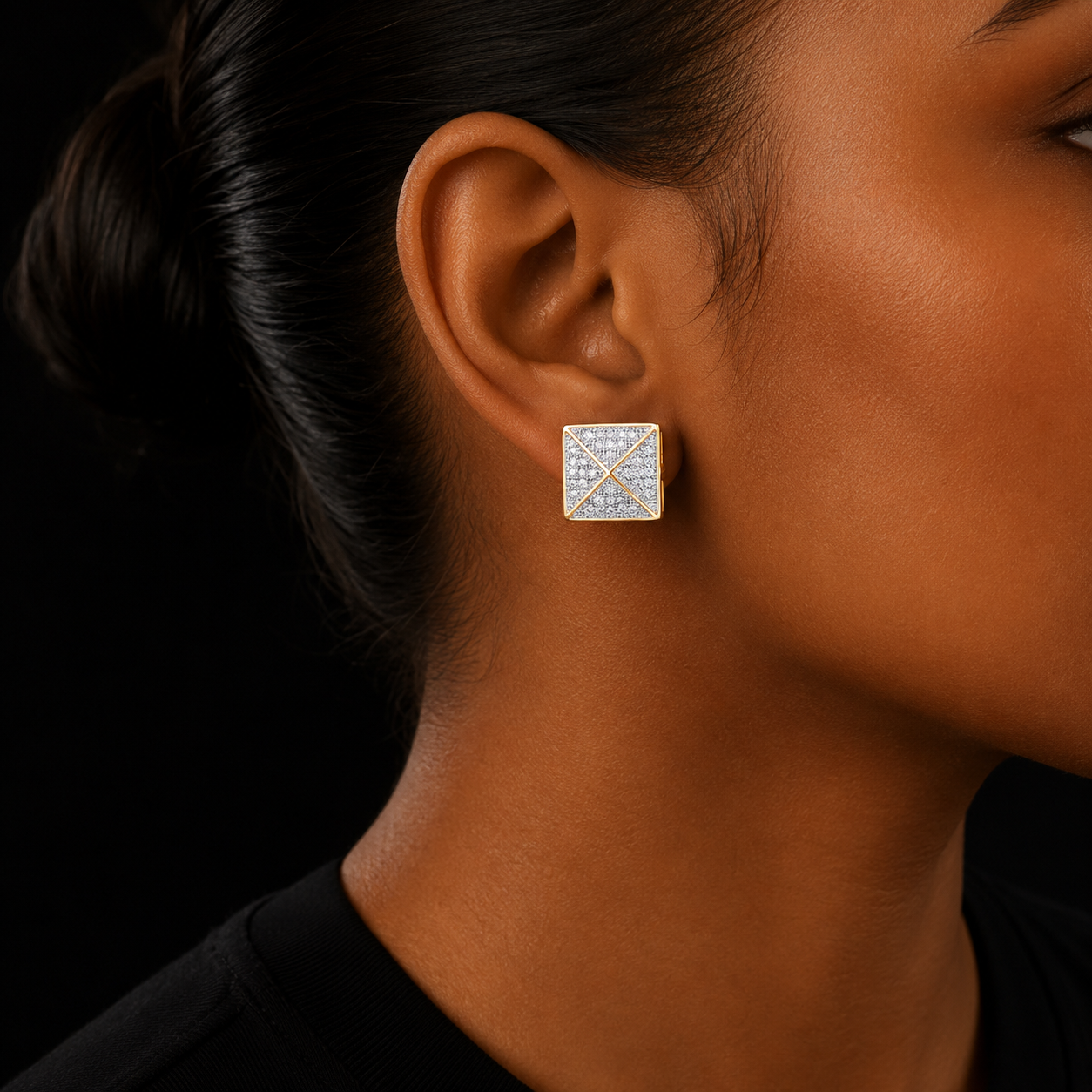 Men's Stud Earring Square Charm Screw Back Full Zircon Women Silver Color  Fashion Hip Hop Jewelry