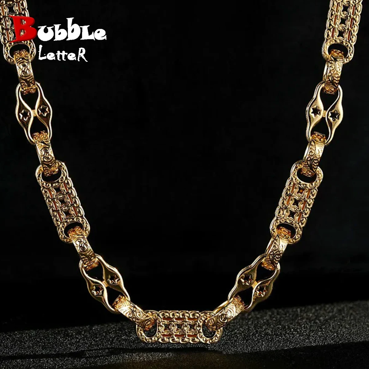 Bubble Letter Chunky Heavy Links Pattered Stars and Bars Chain for Men Necklace Choker Real Gold Plated Hip Hop Jewelry