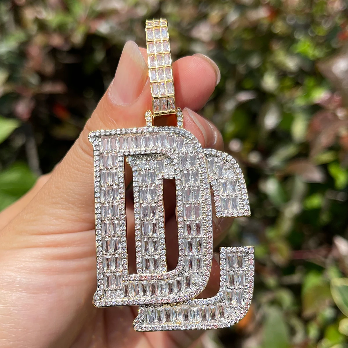 Bubble Letter Baguette Necklace for Men Dream Chaser Pendant Cubic Zirconia AAAAA Charms Hip Hop Jewelry