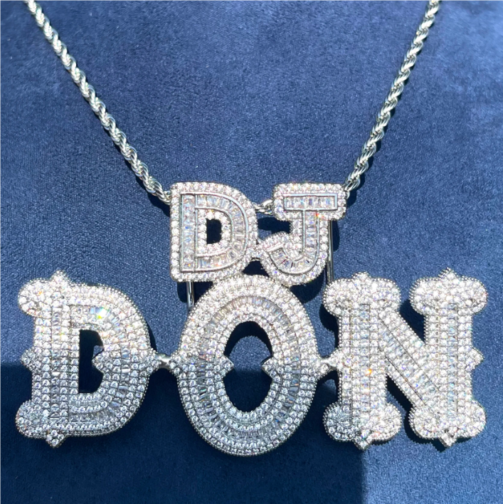 Bubble Letter Custom 2 Sizes Baguette Name Necklace Pendant for Women Micro Pave Personalized Small Letter Clasp Hip Hop Jewelry