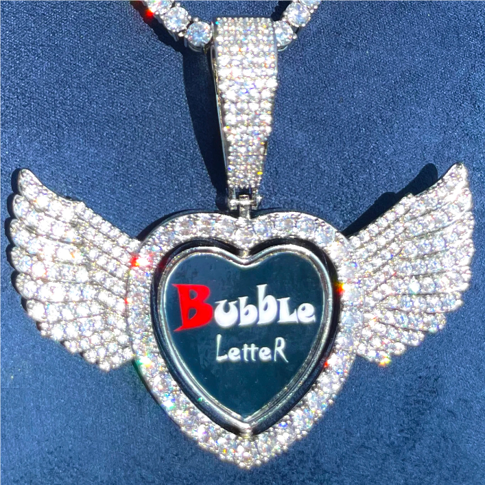 Bubble Letter Iced Out Angel Wing Rotating Heart Necklace Pendant for Women Custom Photo Chain Hip Hop Jewelry