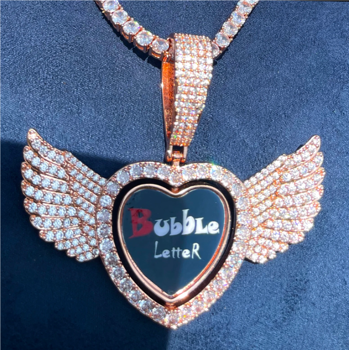 Bubble Letter Iced Out Angel Wing Rotating Heart Necklace Pendant for Women Custom Photo Chain Hip Hop Jewelry