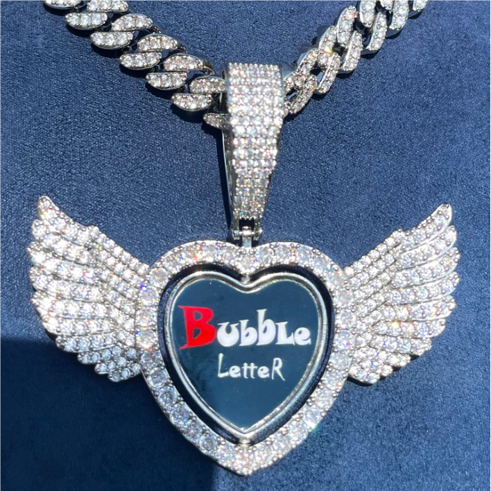 Bubble Letter Iced Out Angel Wing Rotating Heart Necklace Pendant for Women Custom Photo Chain Hip Hop Jewelry