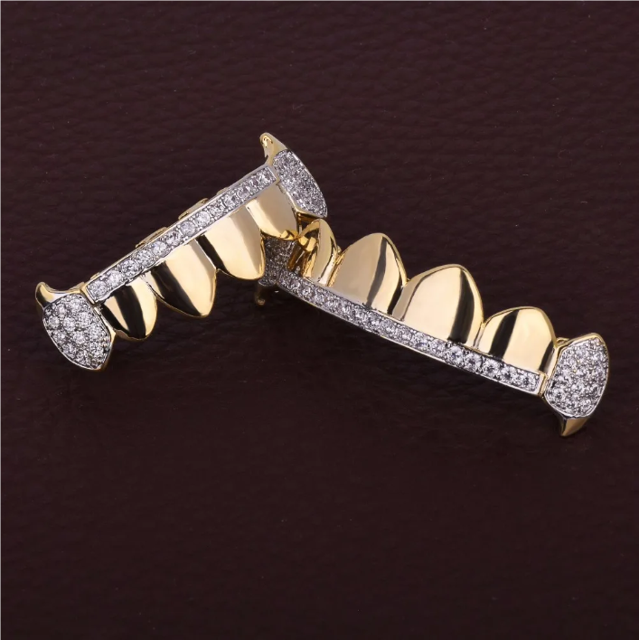 Bubble Letter Hip Hop Grillz Teeth Iced Zircon Fang Mouth teeth Caps Top & Bottom Tooth Set Men Women Vampire Fashion Jewelry