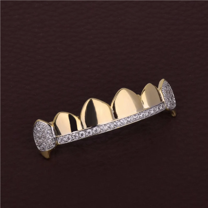 Bubble Letter Hip Hop Grillz Teeth Iced Zircon Fang Mouth teeth Caps Top & Bottom Tooth Set Men Women Vampire Fashion Jewelry