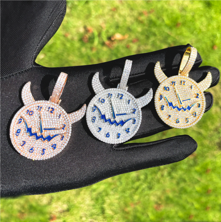 Bubble Letter Iced Out Evil Clock Necklace Pendant for Women Real Gold Plated Hip Hop Jewelry