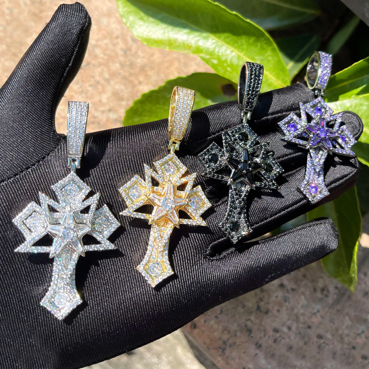 Bubble Letter Iced Out Star Cross Necklace Pendant for Men Prong Setting Cubic Zirconia Hip Hop Jewelry