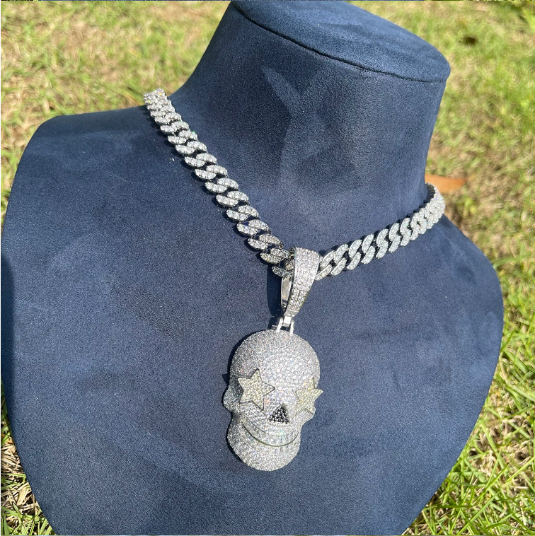 Bubble Letter Iced Out Skull Necklace Pendant for Men Prong Setting Five Stars Eyes Real Copper Cubic Zirconia Hip Hop Jewelry