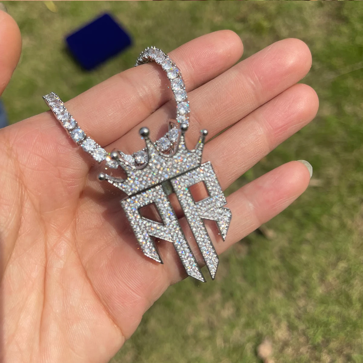 Bubble Letter Iced Out Crown R Letter Necklace Pendant for Women Prong Setting Real Gold Plated Cubic Zirconia Hip Hop Jewelry