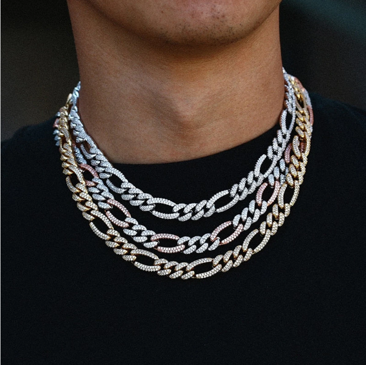 DUBSS Figaro Cuban Link Chain Men Necklace Real Gold Plated Hip Hop Zircon Real Copper Rock Fashion Jewelry