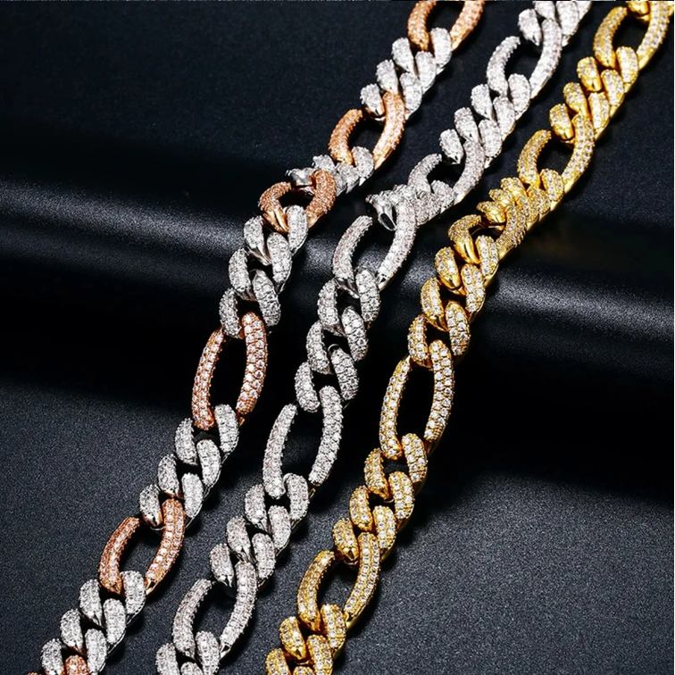 DUBSS Figaro Cuban Link Chain Men Necklace Real Gold Plated Hip Hop Zircon Real Copper Rock Fashion Jewelry