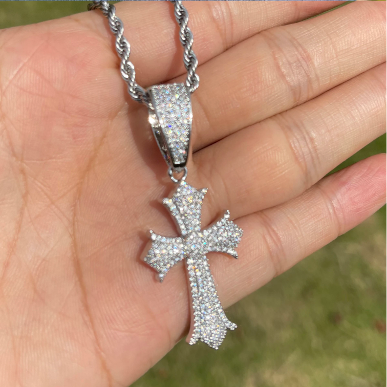 Bubble Letter Iced Out Cross Necklace Pendant for Women Prong Setting Cubic Zirconia Hip Hop Jewelry