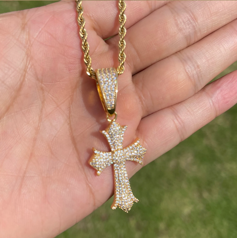 Bubble Letter Iced Out Cross Necklace Pendant for Women Prong Setting Cubic Zirconia Hip Hop Jewelry