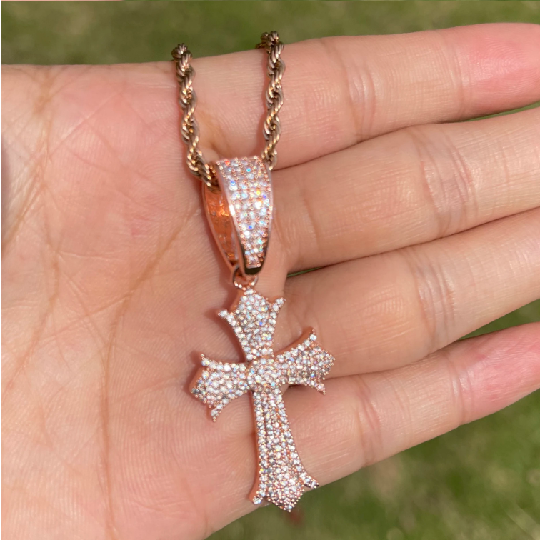 Bubble Letter Iced Out Cross Necklace Pendant for Women Prong Setting Cubic Zirconia Hip Hop Jewelry