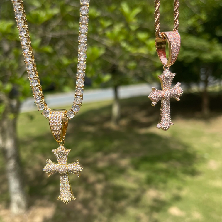 Bubble Letter Iced Out Cross Necklace Pendant for Women Prong Setting Cubic Zirconia Hip Hop Jewelry