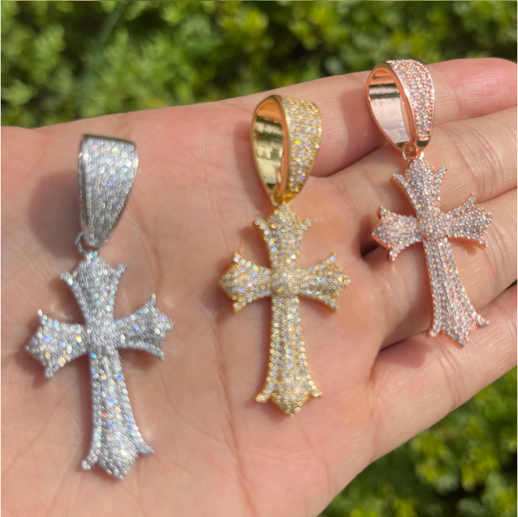 Bubble Letter Iced Out Cross Necklace Pendant for Women Prong Setting Cubic Zirconia Hip Hop Jewelry