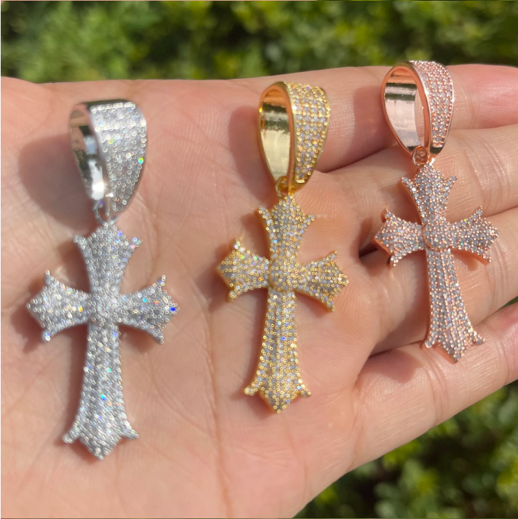 Bubble Letter Iced Out Cross Necklace Pendant for Women Prong Setting Cubic Zirconia Hip Hop Jewelry