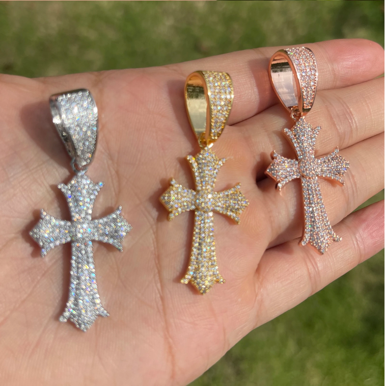 Bubble Letter Iced Out Cross Necklace Pendant for Women Prong Setting Cubic Zirconia Hip Hop Jewelry