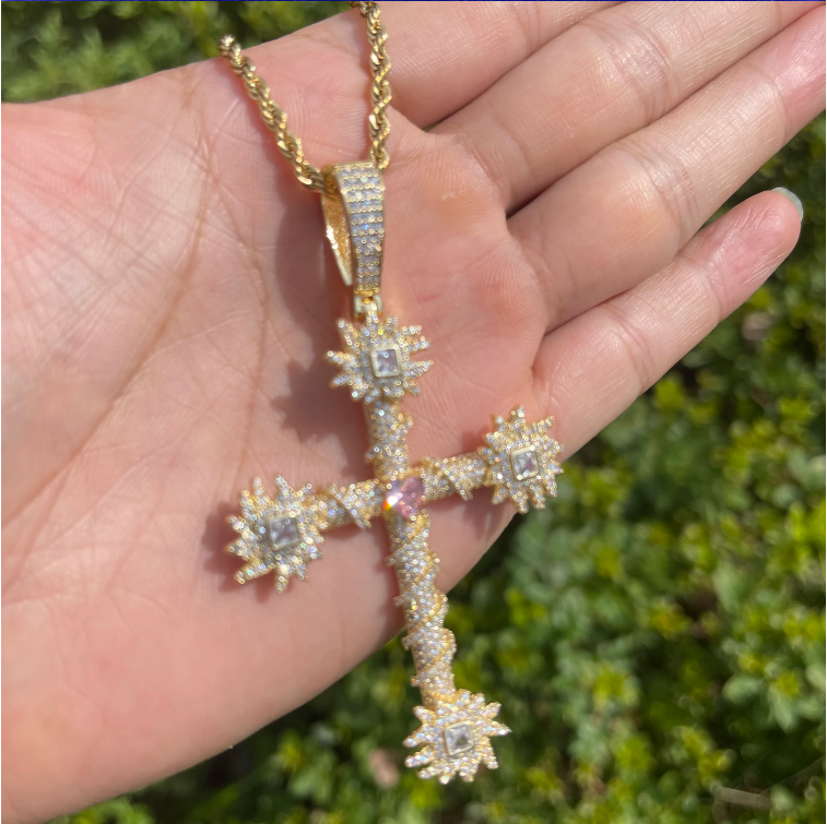 Bubble Letter Iced Out Cross for Women Real Gold Plated Cubic Zirconia Hip Hop Jewelry