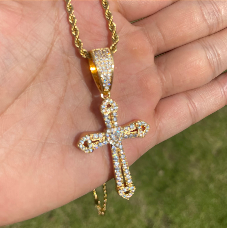 Bubble Letter Iced Out Cross Heart Pendant Necklace for Women Gold Plated Cubic Zirconia Hip Hop Jewelry