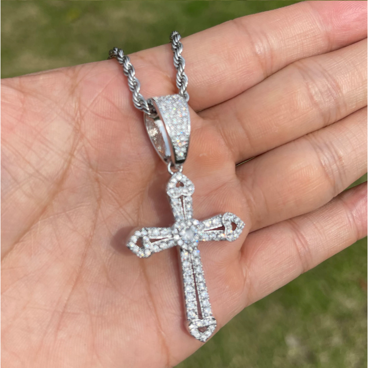 Bubble Letter Iced Out Cross Heart Pendant Necklace for Women Gold Plated Cubic Zirconia Hip Hop Jewelry