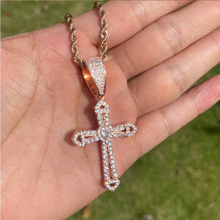 Bubble Letter Iced Out Cross Heart Pendant Necklace for Women Gold Plated Cubic Zirconia Hip Hop Jewelry