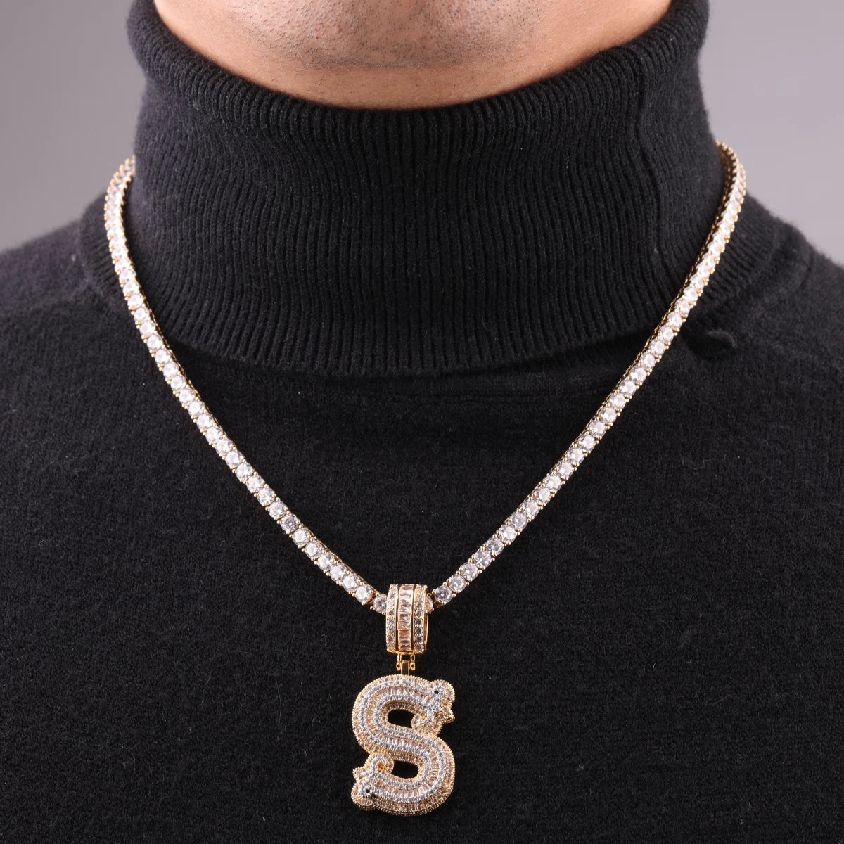 Bubble Letter Initial Single Necklace for Men Iced Out Frozen Pendant Real Gold Plated Hip Hop Jewelry