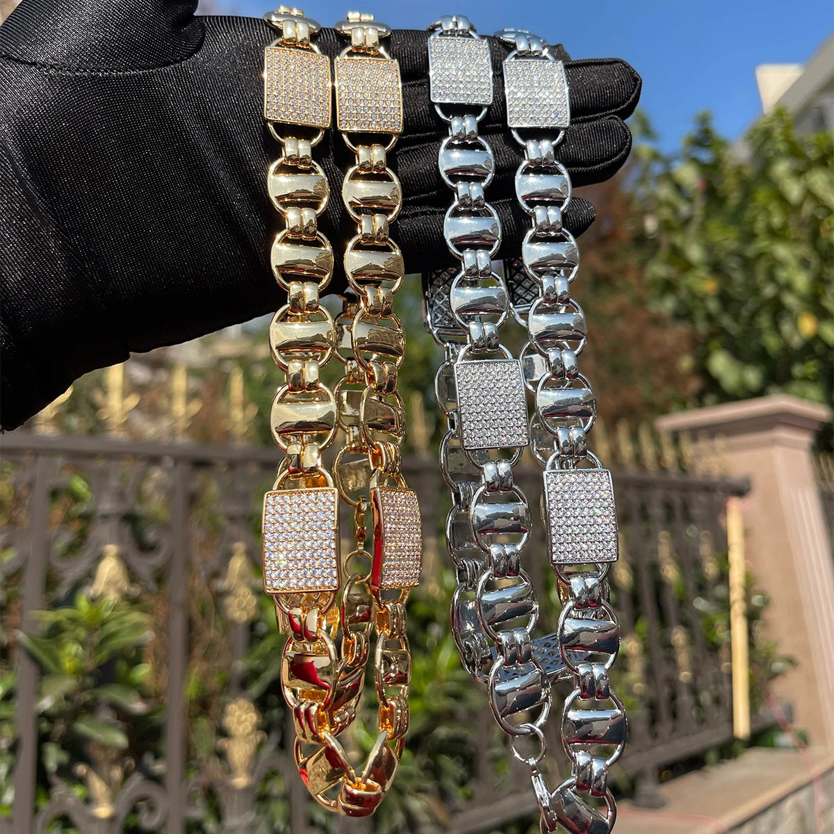 Bubble Letter Coffee Bean Box Clustered Cuban Chain Necklace Men Hip Hop Link Gold Color Iced Out Zirconia Fashion Rock Jewelry