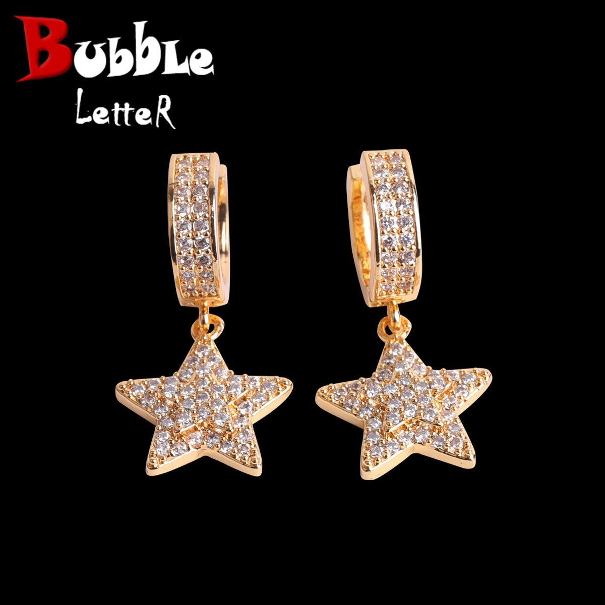 Bubble Letter Iced Out Women Earrings Star Real Gold Plated Hip Hop Jewelry