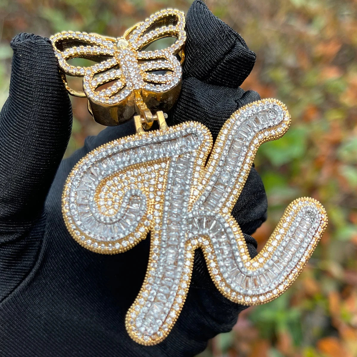 Bubble Letter Initial Necklace for Women Iced Out Baguette Pendant Cursive Prong Setting Butterfly Bail Hip Hop Jewelry