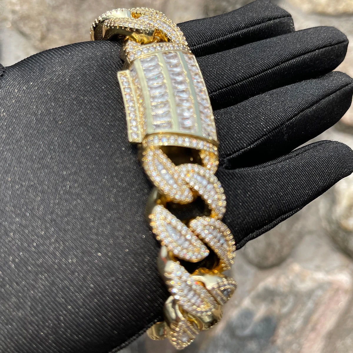 Bubble Letter Baguette Cuban Link Bracelet for Men Iced Out Prong Setting Necklace Choker Real Gold Plated Hip Hop Jewelry