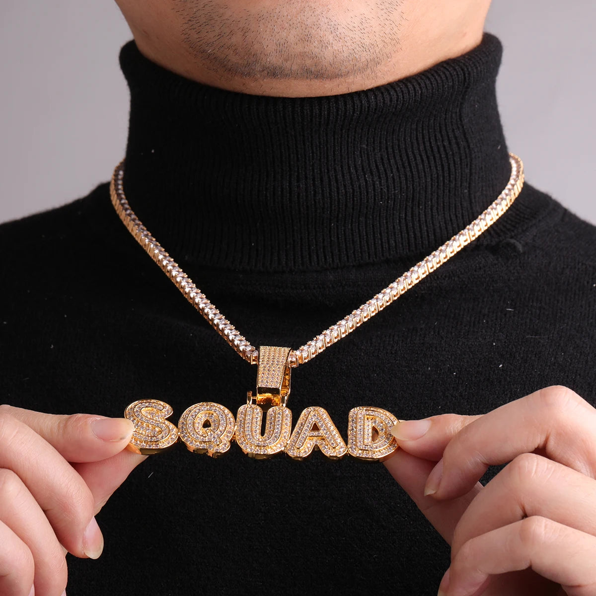 Bubble Letter Custom Name Necklace for Men Iced Out Pendant Two Tone Layer Font Personalized Charm Hip Hop Jewelry