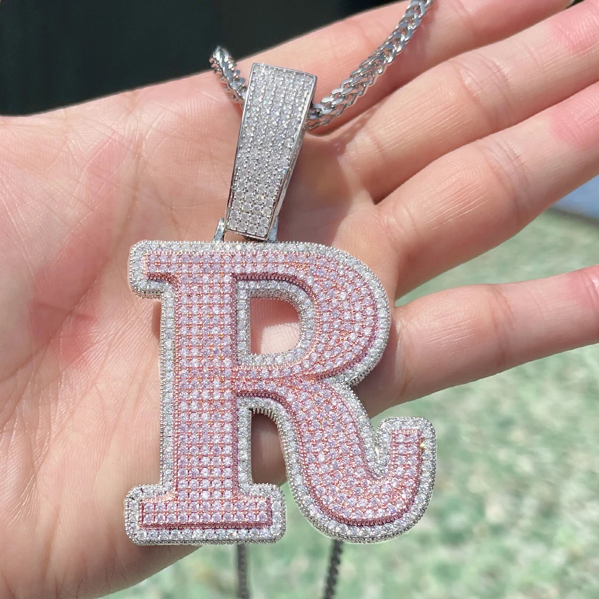 Bubble Letter Jewelry Single Initial Necklace for Women Iced Out Pendant Prong Setting Two Layers Hip Hop Charms